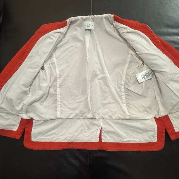 Sandro Women's Coral Red Colarless Blazer Jacket Size:40(US:M) Lined Pockets Zip - Picture 9 of 16